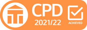 Orange and white badge saying "CPD 2021/22 achieved" with the ITI logo