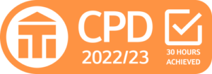Orange and white banner saying "CPD 2022/2023 30 hours achieved" with the ITI logo and a tick.