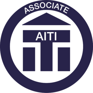 Round, blue and white Institute of Translation and Interpreting Associate Logo