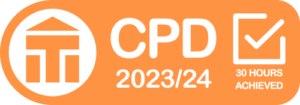 Orange and white banner saying "CPD 2023/2024 30 hours achieved" with the ITI logo and a tick.