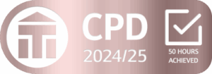 CPD-Achieved-50-hours-202425 Bronze and white banner saying "CPD 2024/2025 50 hours achieved" with the ITI logo and a tick.