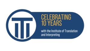 Blue logo saying: ITI Celebrating 10 years with the Institute of Translation and Interpreting